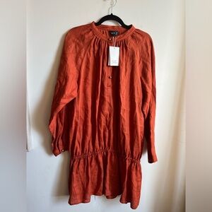 NWT Agnes B. paris 100% Linen Burnt Orange Long Sleeve Dress 10 US/ 42 EU